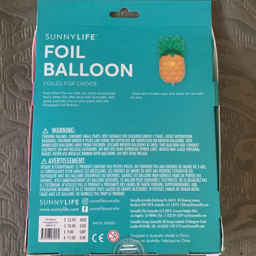 NIB SunnyLIFE Large Foil Balloon Re-Inflatable and Self Sealing Pineapple Yellow